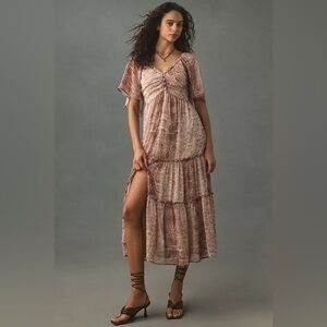 ANTHROPOLOGIE NWT Short Sleeve Tiered Maxi Dress, Neutral Motif, Size Small